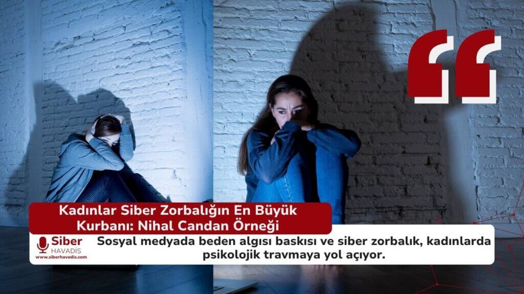 Sosyal medyada siber zorbalığa uğrayan kadınları ve beden algısı baskısını simgeleyen, üzgün genç kadın ve sosyal medya platformlarını içeren temsili görsel.
