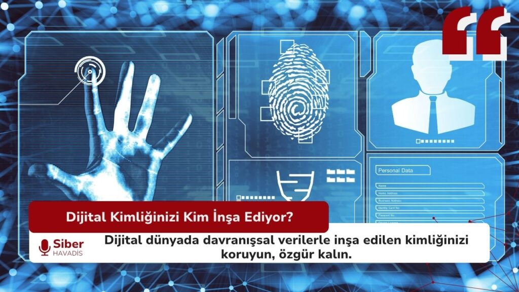 Dijital kimliğin davranışsal verilerle nasıl şekillendiğini ve gözlem kapitalizmi tehdidini simgeleyen siber güvenlik ve teknoloji haber temalı görsel.