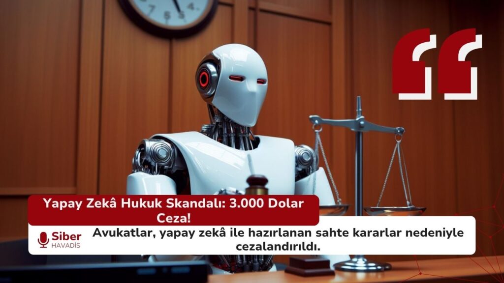 Yapay zekâ destekli hukuk skandalını ve sahte karar örnekleri nedeniyle cezalandırılan avukatları simgeleyen görsel.