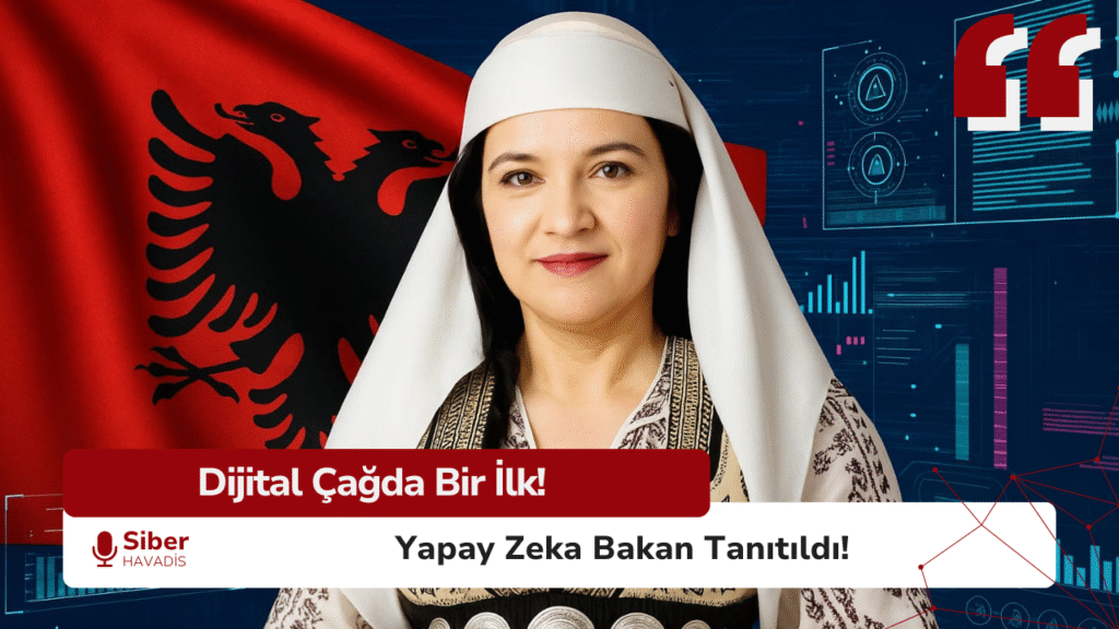Yapay zeka bakanı Diella yerel kıyafetler içinde, dijital grafikler önünde duruyor.