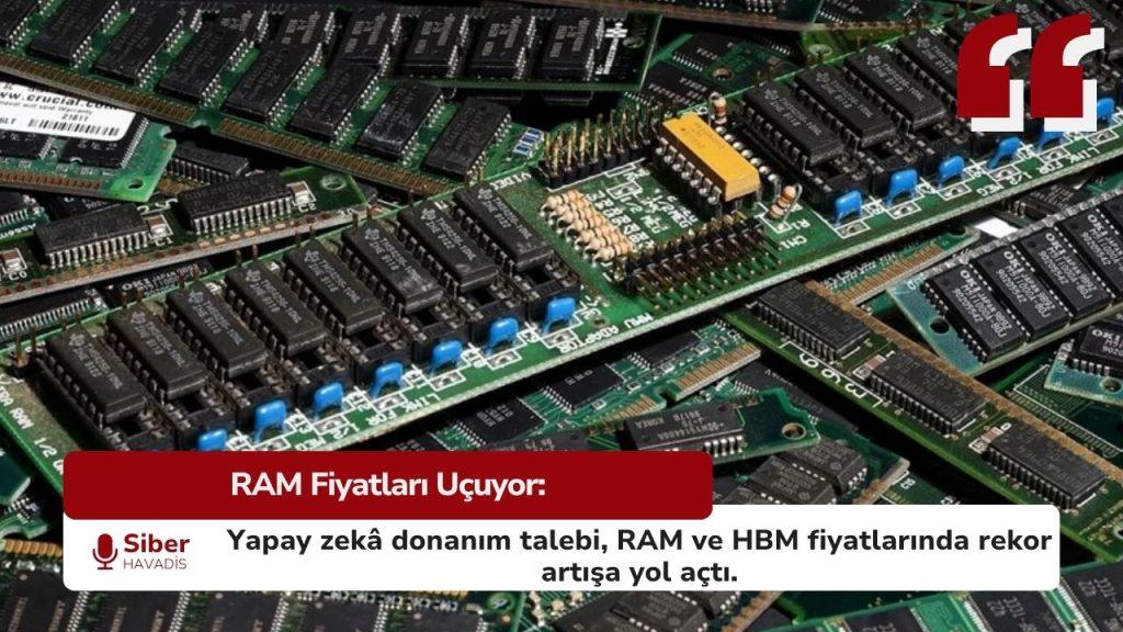 Yapay zekâ donanım talebi nedeniyle yükselen RAM fiyatlarını gösteren grafik ve bellek modülleri.